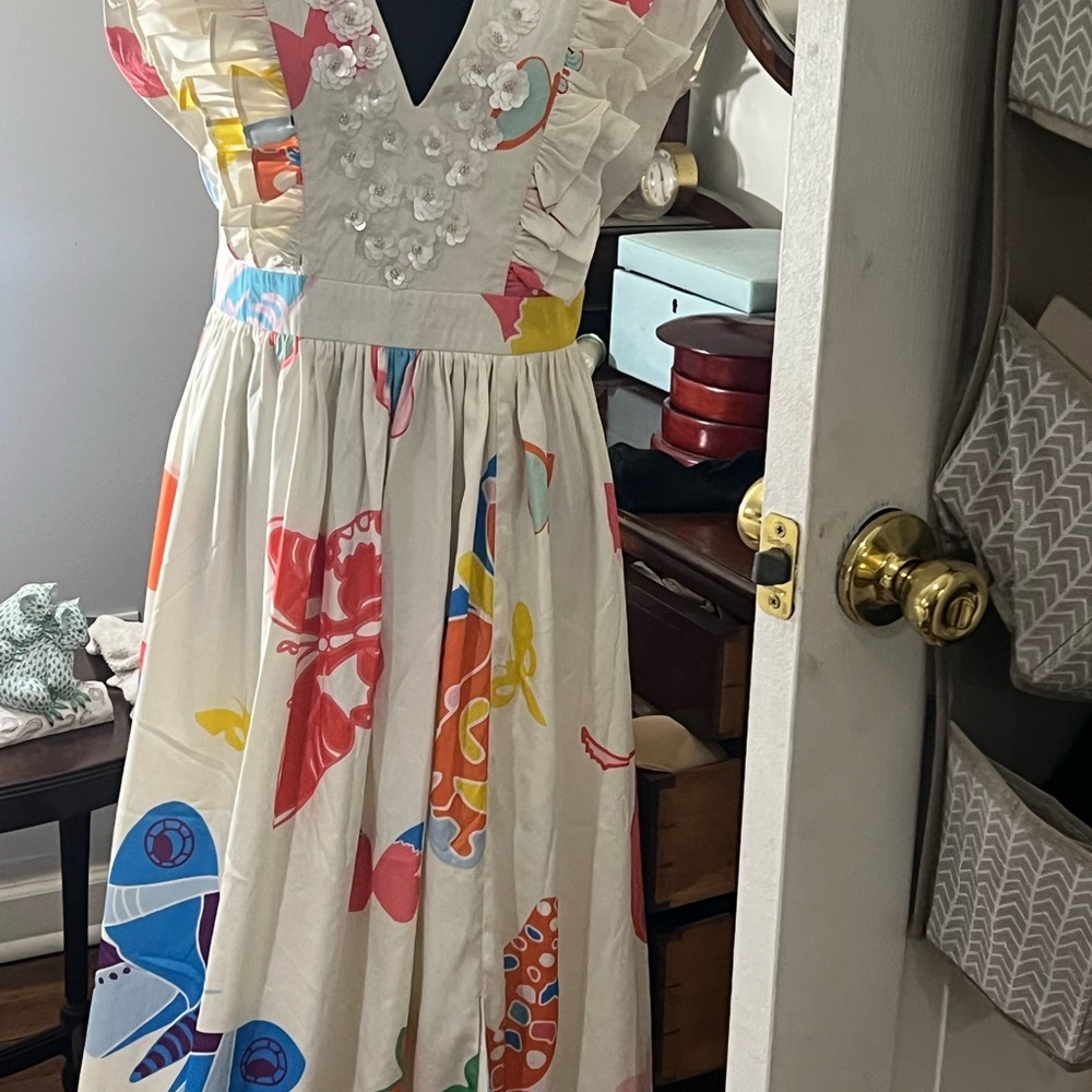 Colorful Smocked Maxi Dress with V-Neck and Flutter Sleeves